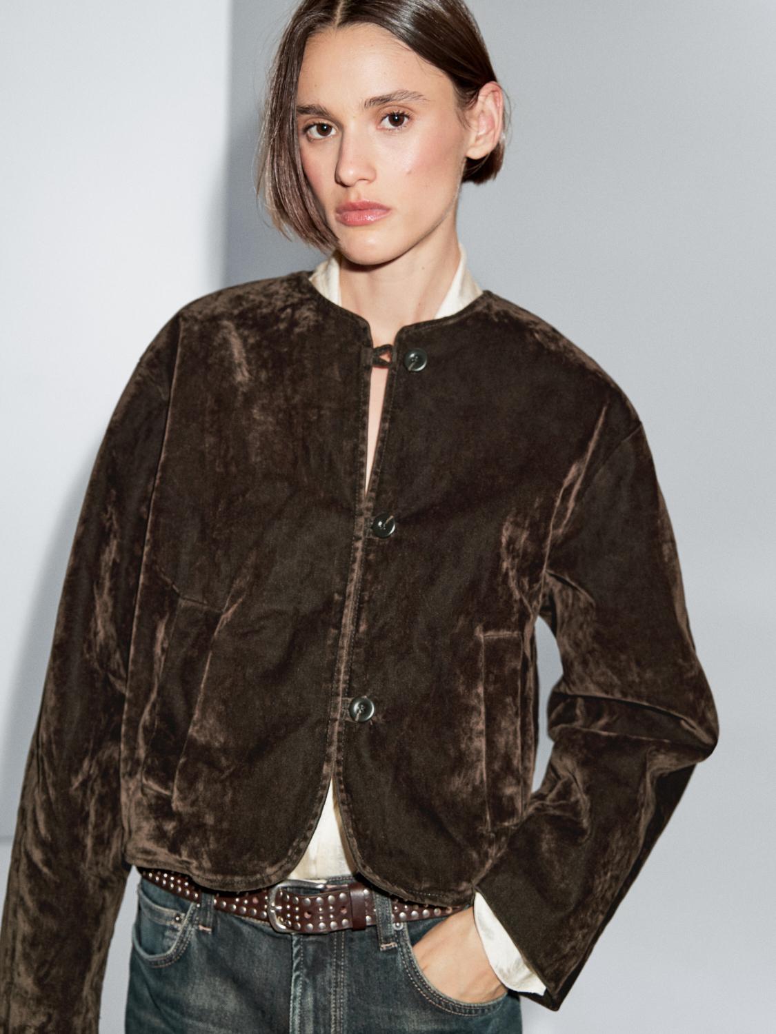 Short denim jacket with flocked finish